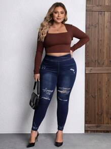 Plus High Waist Ripped Skinny Jeans - Blue - View 3