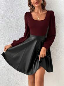 SHEIN Frenchy Đầm tay đèn lồng cổ vuông hai tông màu không có thắt lưng - Màu Đỏ Sâu - Xem 6