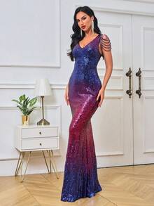 Ombre Sequin Formal Dress - Red Violet - View 4