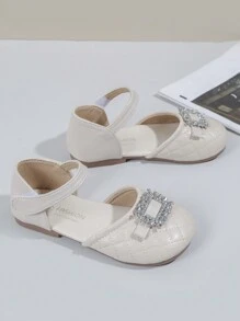 Flache Kinderschuhe Mit Viereckigen Strasssteinen, Einfachem Und Bequemen Design, Obermaterial Aus Pu Leder