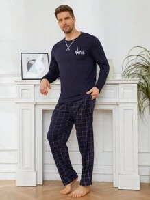 男士字母图案 T 恤和格子裤睡衣套装 / 睡衣套装
