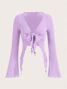 SHEIN ICON 正面繫帶 生菜飾邊喇叭袖短款上衣 - 紫色 - 查看 1