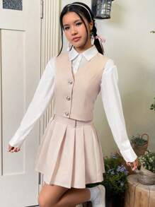 SHEIN EZwear Unicolore À Bouton Blazer Sans Manches & Jupe Plissée - Nude - Voir 4