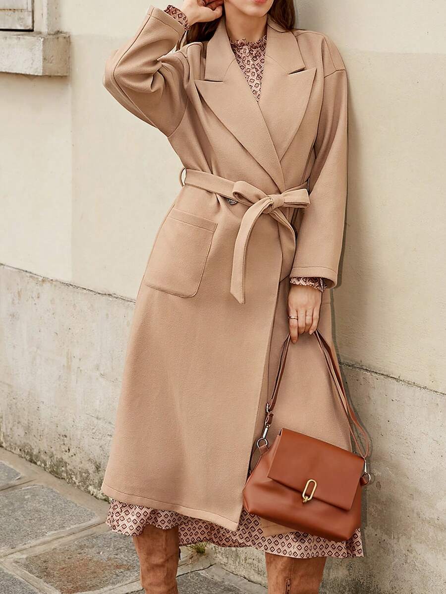 SHEIN Frenchy 西裝領落肩袖腰帶花呢外套 - 咖啡棕 - 查看 1