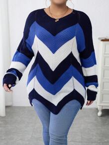 Calvaya 大碼V 形拼色落肩不對稱下擺毛衣 - 彩色 - 查看 5