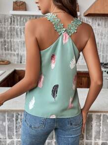 SHEIN Frenchy Top tank con estampado de pluma aplique con encaje - Verde - Ver 2