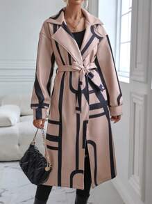 SHEIN LUNE Áo khoác có dây thắt lưng in hình Geo - Màu Khaki - Xem 1