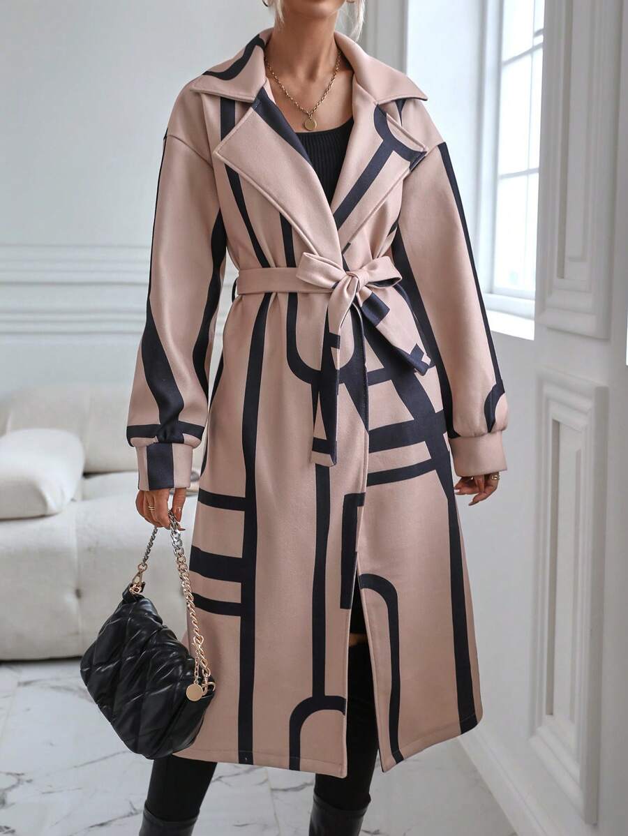 SHEIN LUNE Áo khoác có dây thắt lưng in hình Geo - Màu Khaki - Xem 1