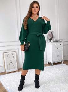 SHEIN Clasi Plus Surplice Neck Split Hem Belted Sweater Dress - Dark Green - View 5