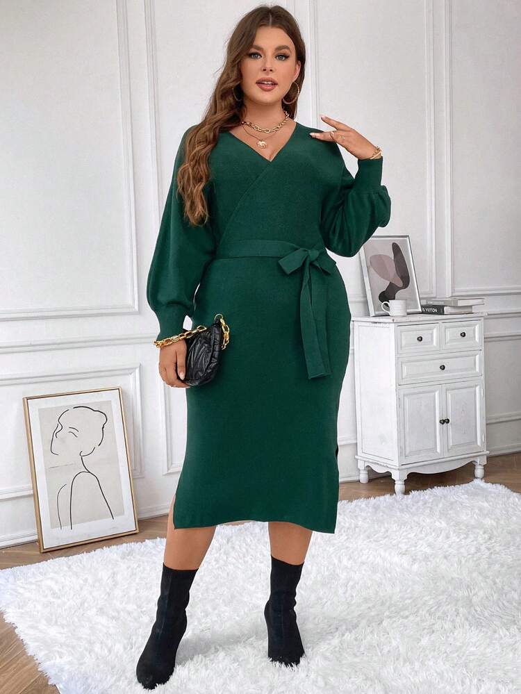 Plus Surplice Neck Split Hem Belted Sweater Dress