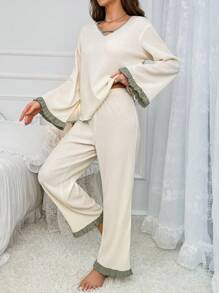 撞色荷叶边袖睡衣套装/睡衣套装，秋季服装 - 杏色 - 查看 3