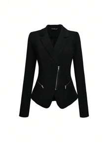 西裝領拉鏈細節不對稱下擺西裝外套 - 黑色 - 查看 1