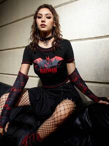 Batman X ROMWE Letter & Cartoon Graphic Contrast Stitch Crop Tee With Arm Sleeve - Multicolor - View 6