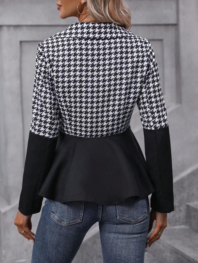 Houndstooth Print Button Front Peplum Hem Coat Fall Cloth For Women