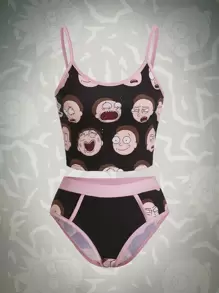 Rick and Morty | ROMWE 加大尺寸彩塊卡通印花背心上衣和內褲套裝,邊緣處理,適用於家居穿戴 - 彩色 - 查看 1