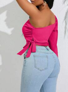 BamGleam One Shoulder Lantern Sleeve Knot Side Crop Blouse,Long Sleeve Tops Fall Cloth For Women - Hot Pink - View 6