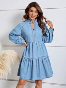 SHEIN LUNE 插肩袖荷葉邊牛仔洋裝 - 淺色水洗藍 - 查看 5