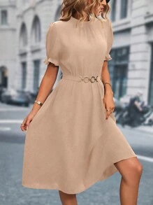 SHEIN Clasi 素色泡泡袖腰帶A字洋裝 - 卡其色 - 查看 6