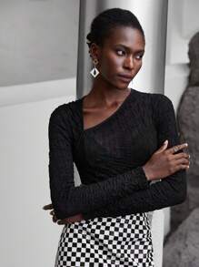 Maija Asymmetrical Neck Solid Crop Top - Black - View 2