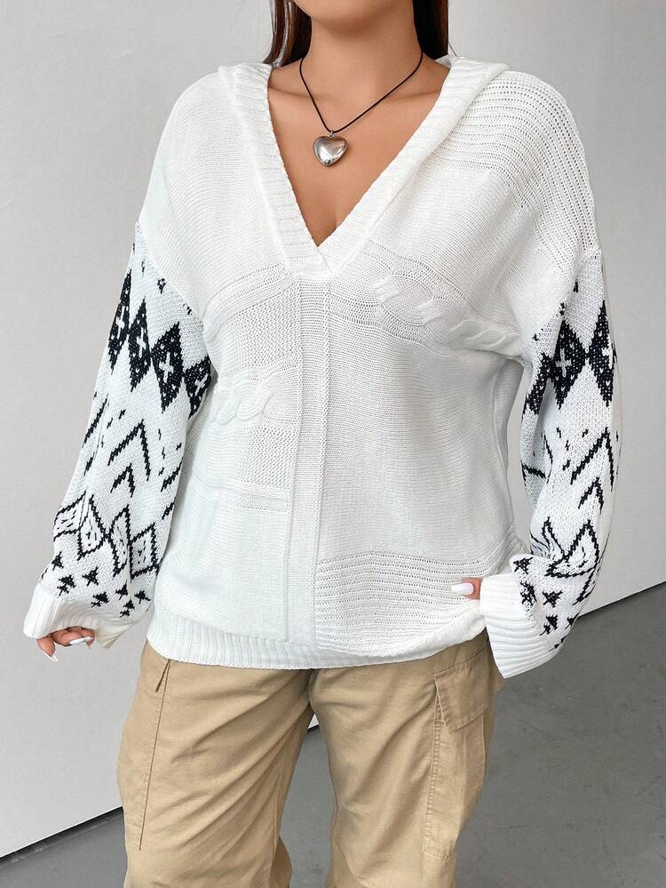 Plus Geo Pattern Drop Shoulder Hooded Sweater Knit Pullover Fall Winter Sweater
