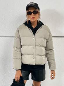SHEIN Essnce 落肩斜口袋夹棉大衣 - 淺灰色 - 查看 1
