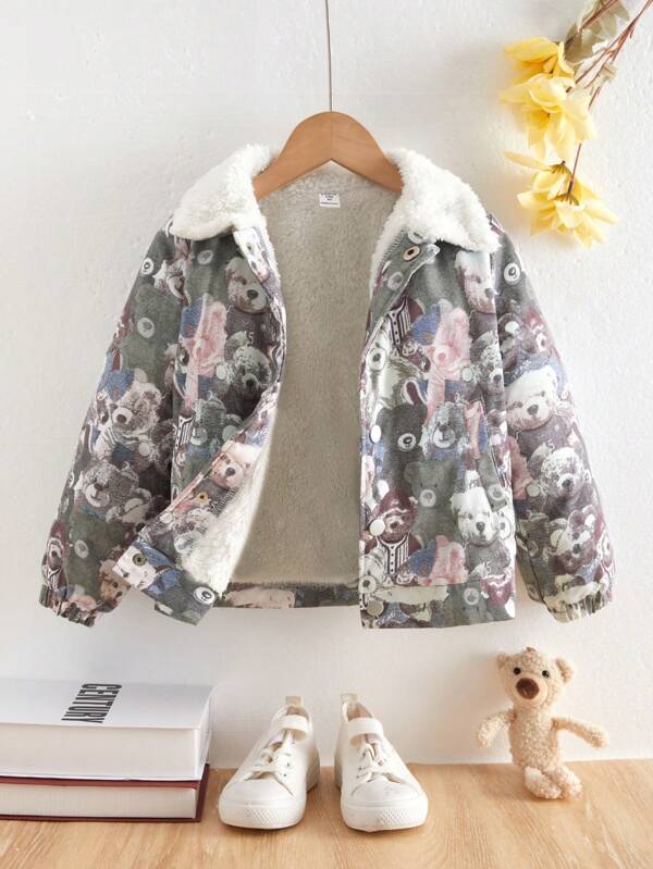 Chicos Cazadora con estampado de oso con forro teddy con capucha