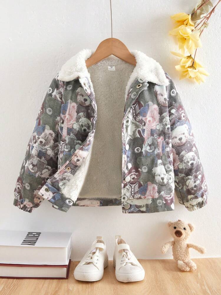 Young Boy Allover Bear Print Teddy Lined Hooded Jacket