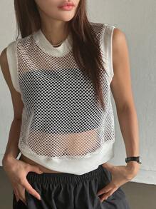 DAZY Solid Fishnet Tank Top Without Top - White - View 1