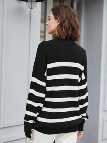 BizChic 女士黑白条纹落肩毛衣，秋冬季宽松休闲针织衫，长袖上衣