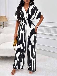 SOLERSUN Graphic Print Batwing Sleeve Wide Leg Jumpsuit - Black and White - View 6