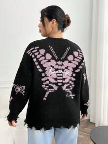 SHEIN EZwear Plus Skeleton Pattern Drop Shoulder Distressed Sweater