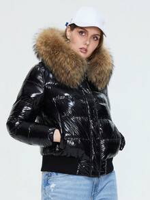 Astrid Plus Size Fuzzy Trim Hooded Padded Coat - Black - View 5