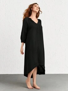 Đường viền cổ có rãnh Tay Raglan Hem cao thấp Đầm giản dị - màu đen - Xem 6