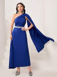 Modelyn One Shoulder Pleated Cloak Sleeve Pleated Detail Dress Without Belt - Blue - View 4