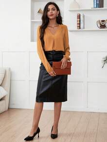 SHEIN Clasi Solid V Neck Lantern Sleeve Blouse - Khaki - View 5