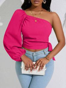 BamGleam One Shoulder Lantern Sleeve Knot Side Crop Blouse,Long Sleeve Tops Fall Cloth For Women - Hot Pink - View 7