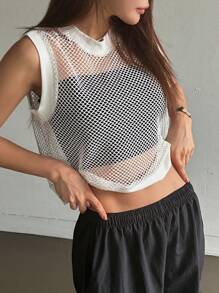 DAZY Solid Fishnet Tank Top Without Top - White - View 3
