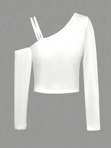 SHEIN 女大童素色不對稱領短款T恤 - 白色 - 查看 1