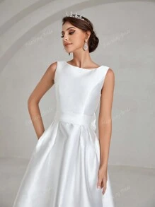 Sophisticated Wedding Dress Bridal Gown With Boat Neckline, Sleeveless Backless Design & Dramatic Waist Bow Accent – A-Line Silhouette For Weddings, Formal Ceremonies, Church Events, Black-Tie Galas, And Destination Celebrations,Bride