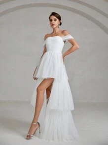 Off Shoulder Layer Hem Mesh Wedding Dress - White - View 6