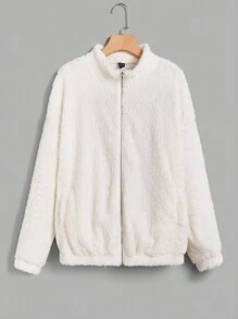 SHEIN EZwear 1 Miếng Thêu Chữ Thả vai Áo Teddy Jackets - trắng - Xem 2