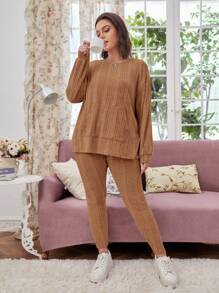 SHEIN LUNE 大碼落肩袖袋鼠口袋上衣和緊身褲 - 棕色 - 查看 4