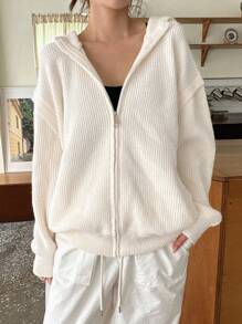 DAZY Drop Shoulder Zip Up Hooded Cardigan,Long Sleeve Tops Jacket