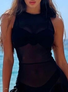 Swim Chiccia 荷葉邊不對稱下擺網布罩衫洋裝 - 黑色 - 查看 3