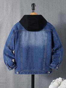 SHEIN Explorewe 男大童1入組翻蓋口袋連帽牛仔夾克 - 中等水洗藍 - 查看 2