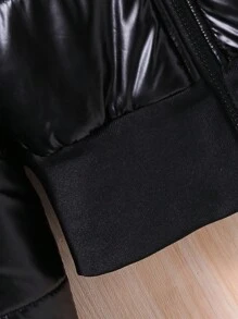 SHEIN Tween Girl 毛绒装饰连帽夹棉大衣 - 黑色 - 查看 3