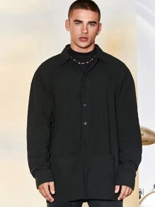 Manfinity EMRG 男士寬鬆純色鈕扣前襯衫 - 黑色 - 查看 1