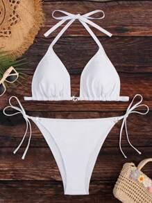SHEIN Slayr Summer Beach Plus Halter Triangle Tie Side Bikini Set - White - View 5