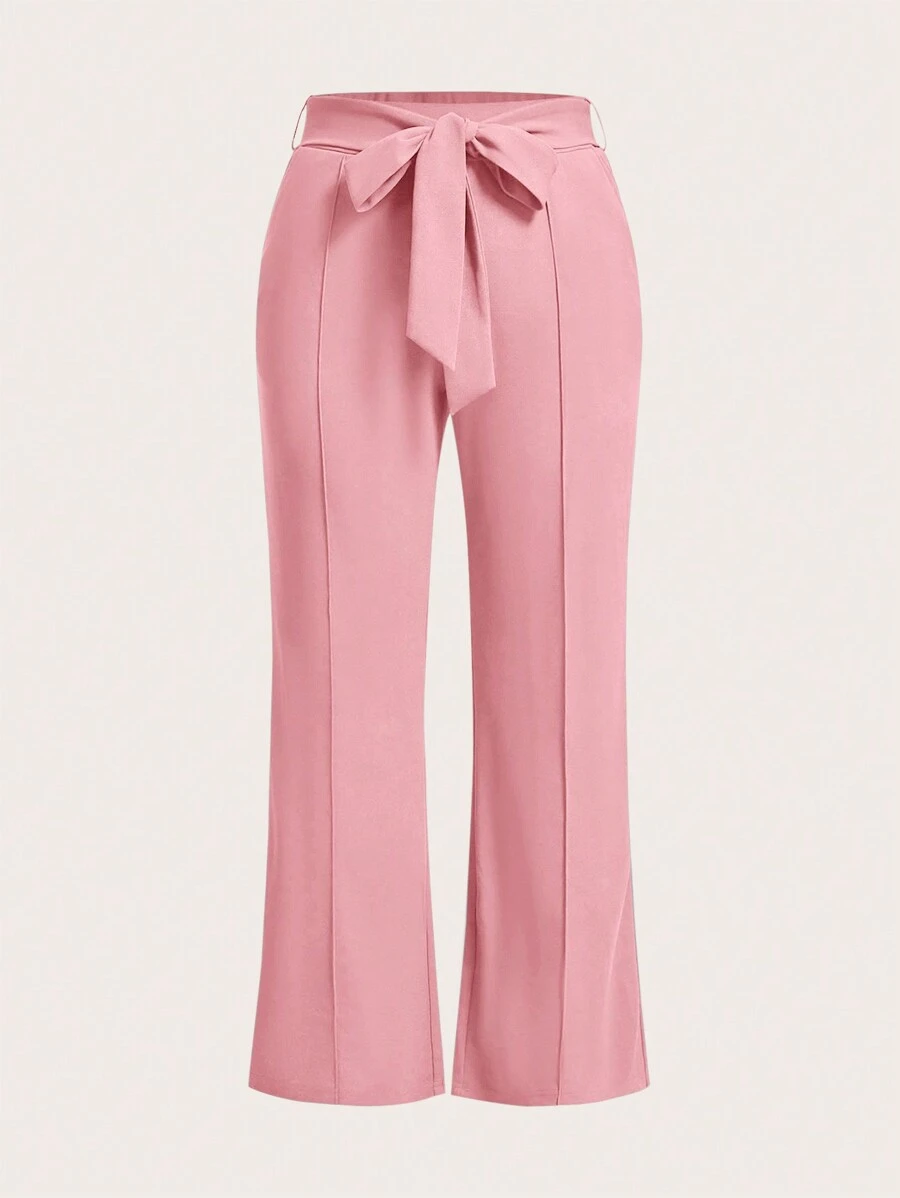 SHEIN LUNE Plus Solid Belted Flare Leg Pants - Coral Pink - View 1