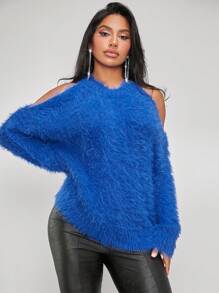 SHEIN SXY 挖肩絨毛針織套頭毛衣 - 寶藍色 - 查看 5